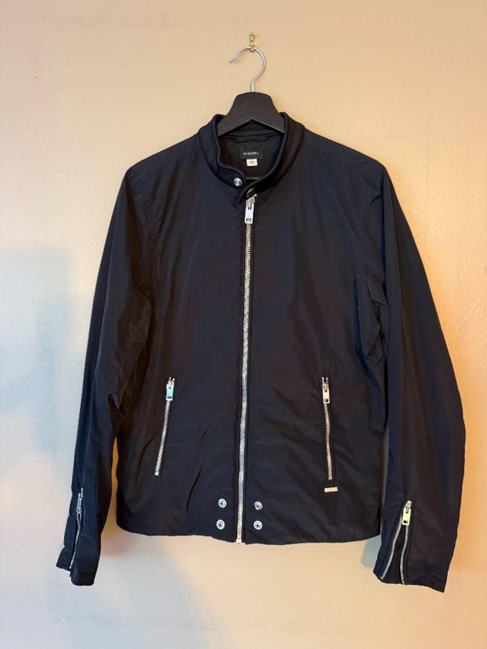 Diesel Black Poly Moto Racer Jacket Snap Collar Zip Cuffs Men's Medium